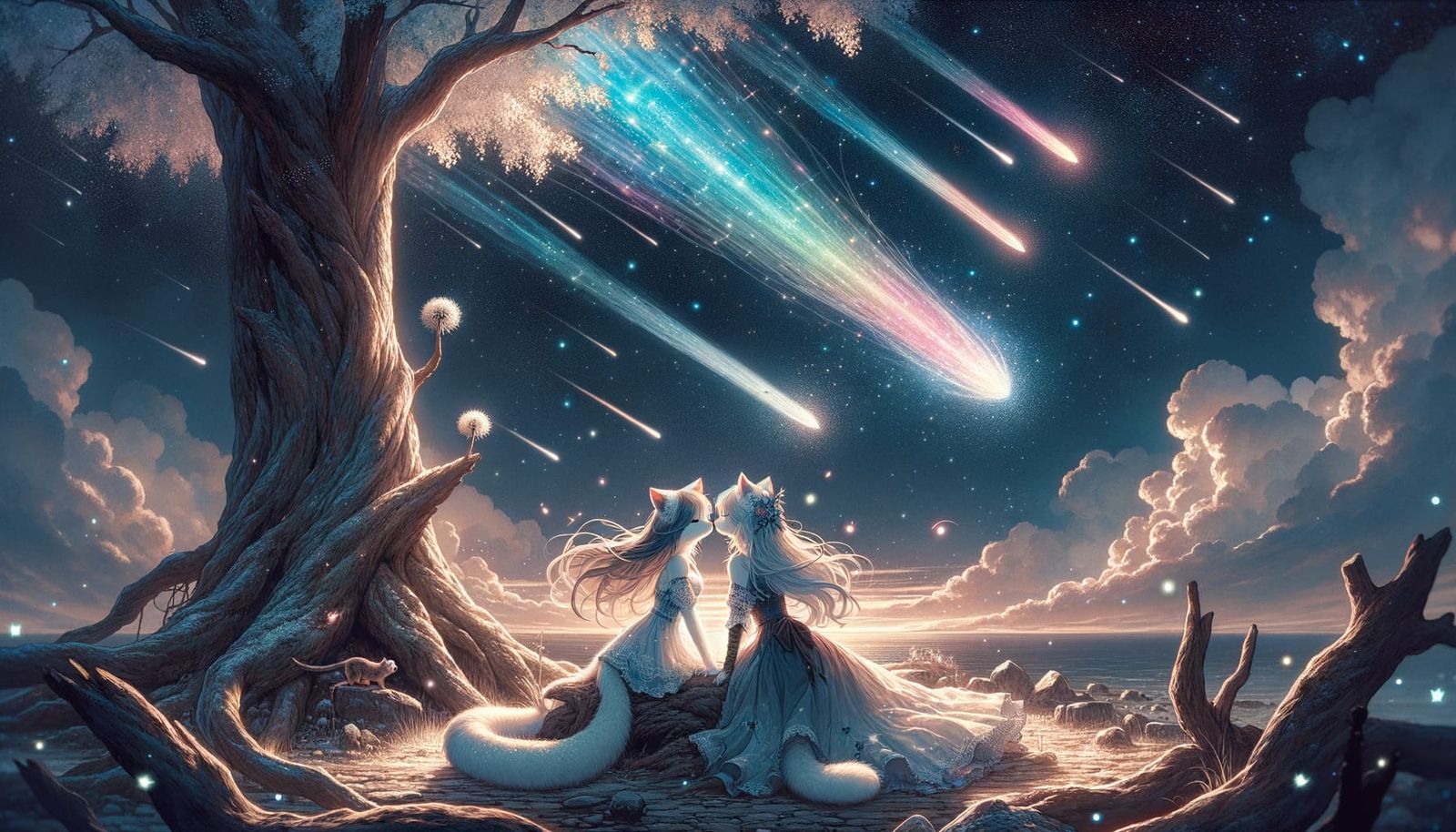 Two Anime Cats Share a Bittersweet Moment Under a Meteor Sho...
