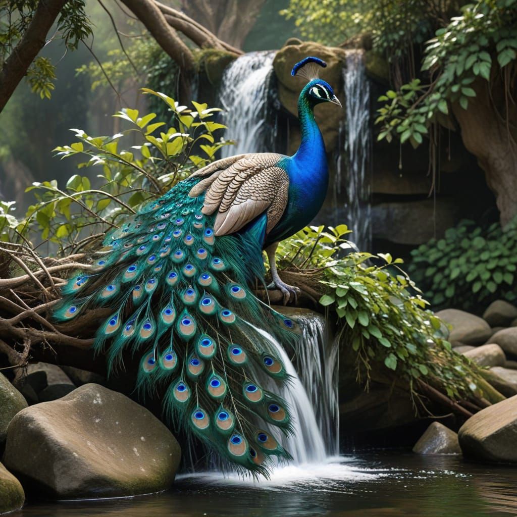 Elegant Peacock at River Waterfall