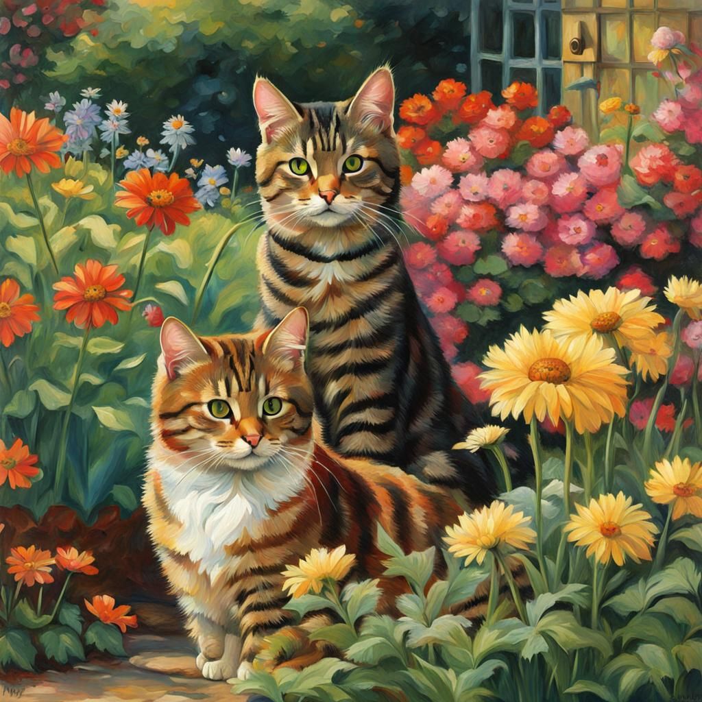 Anime Tabby Cats in Colorful Pre-Raphaelite Garden