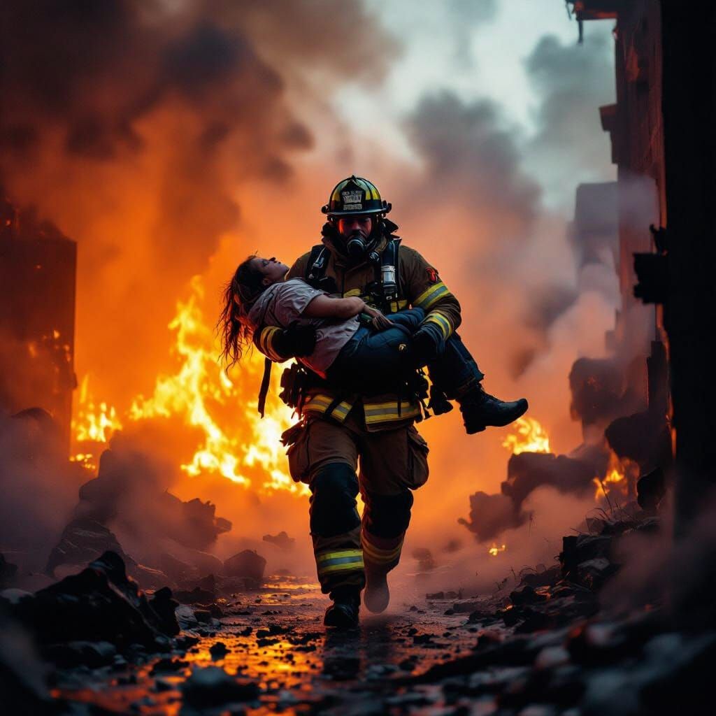 Heroic Firefighter Rescues Person from Burning Building