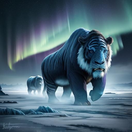 Ice Age Mammoths and Tigers in Frozen Landscape