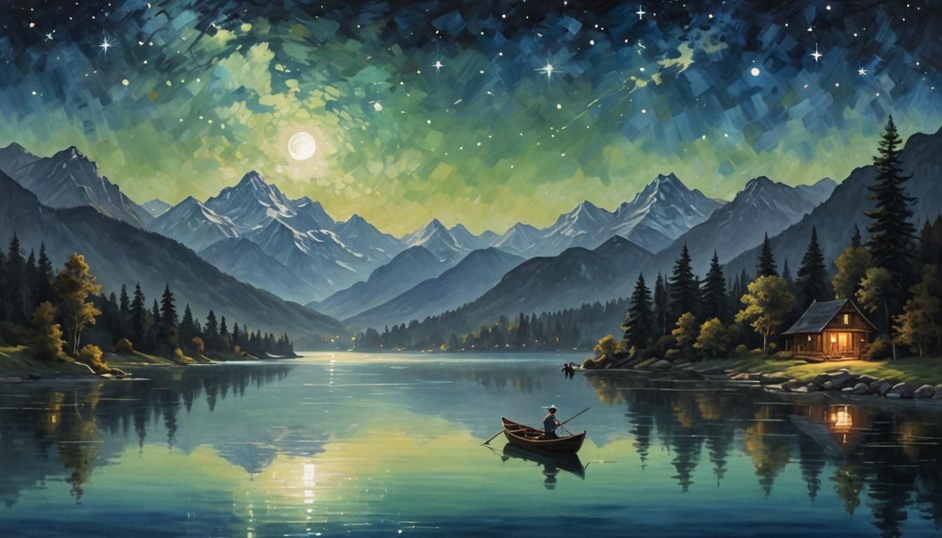 Moonlit Lake with Starry Sky in Impressionistic Style