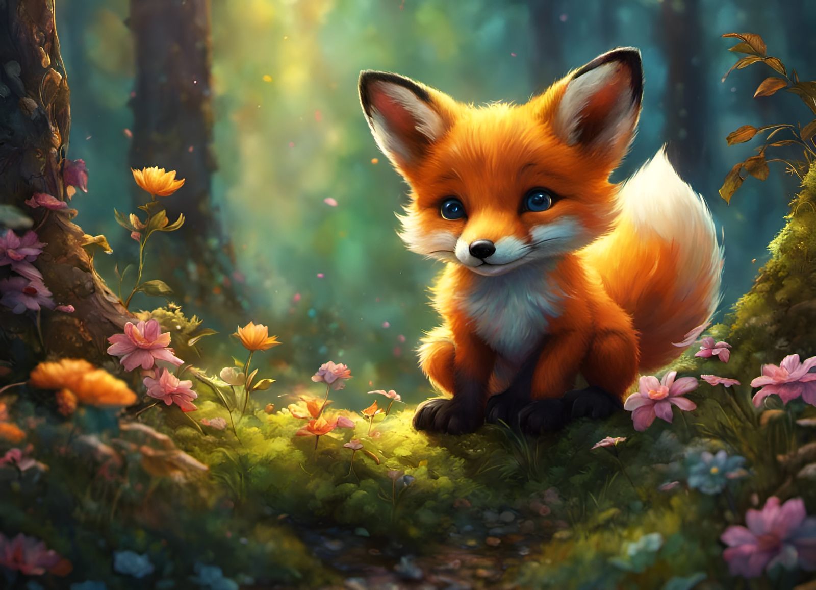 Chibi Fox Cubs Play in Hyperdetailed Forest