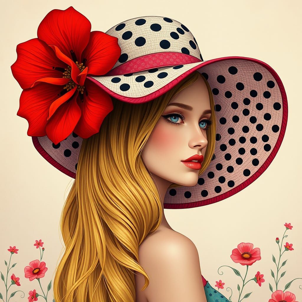 Woman with Flowing Hair and Polkadot Hat