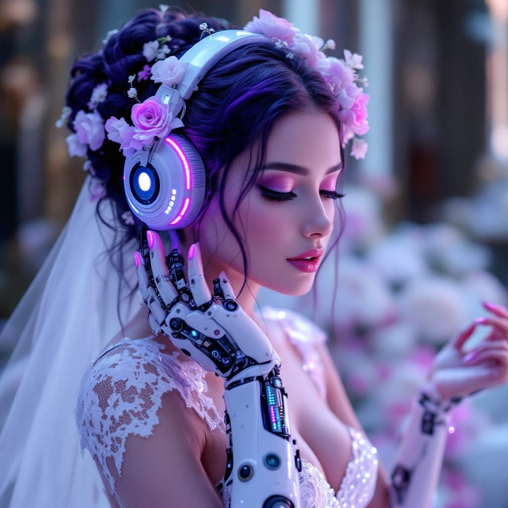 Elegant Cyborg Bride in Lace Gown with Floral Ornaments