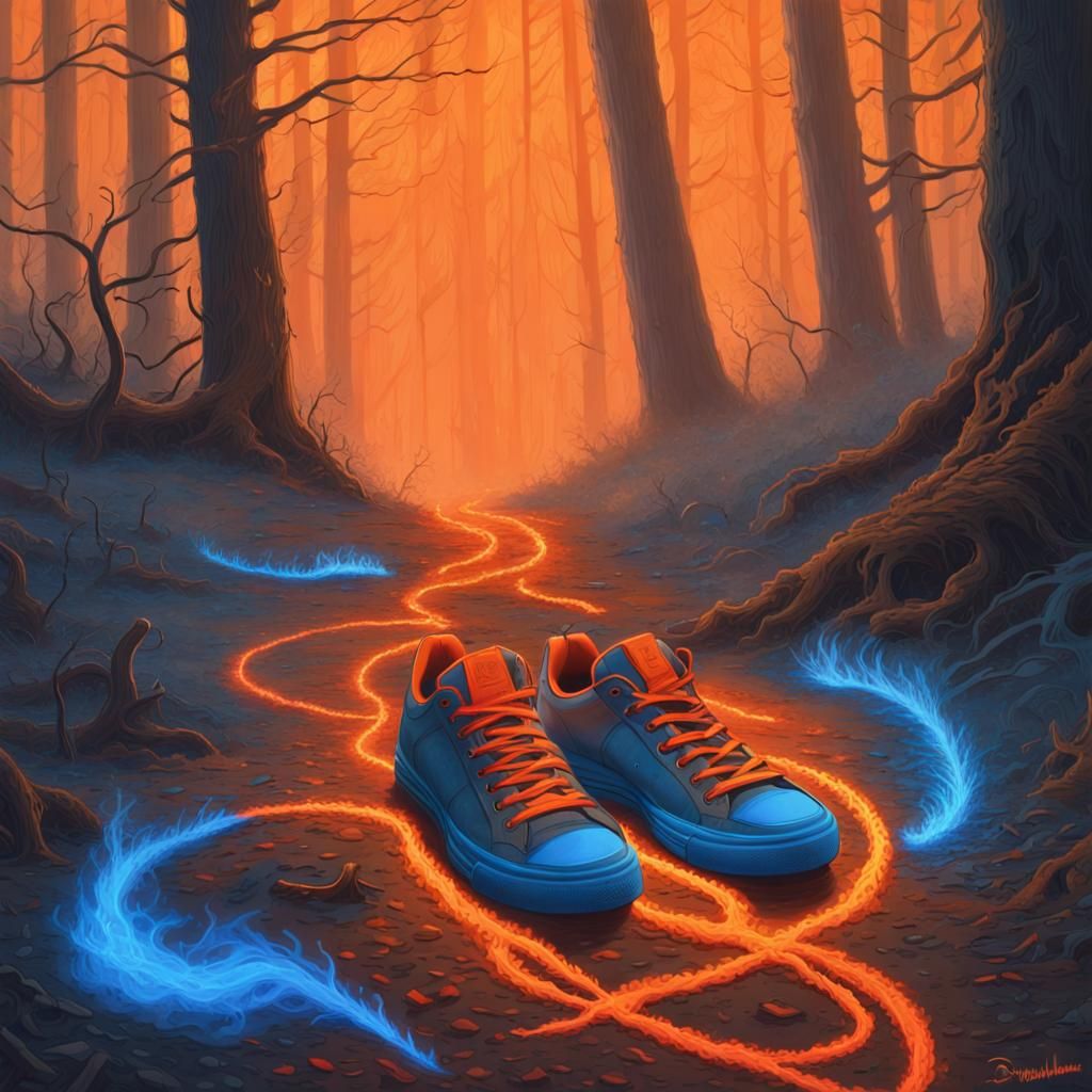Smoldering Sneakers Abandoned in Mystical Forest