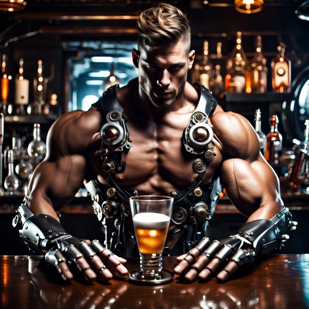 Steampunk Cyborg Bartender in Futuristic Style