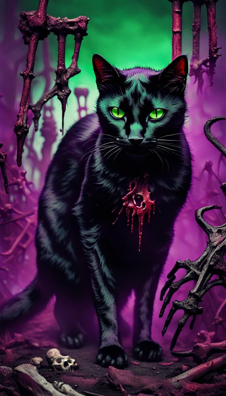 Sinister Black Cat Emerges from Graveyard in Horror Style