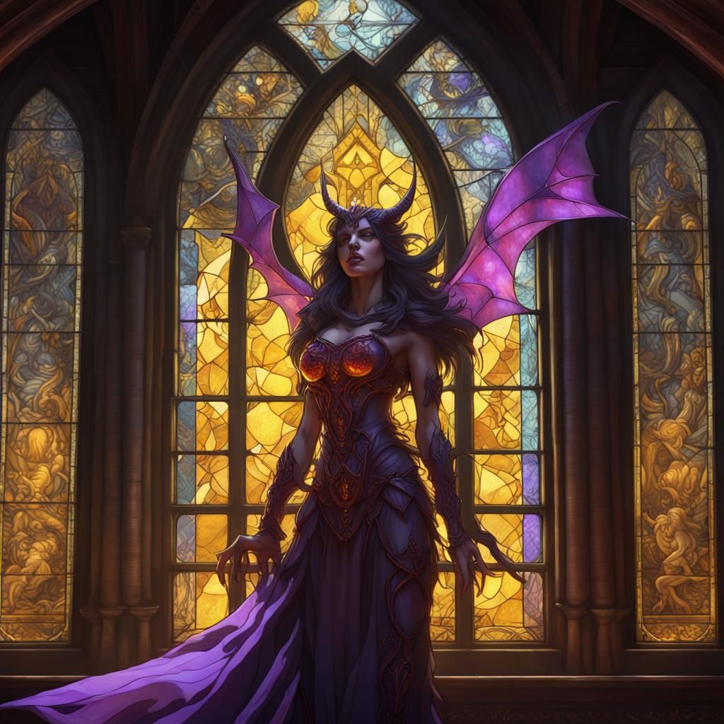 Female Demon at Stained Glass Window in Dark Fantasy Style