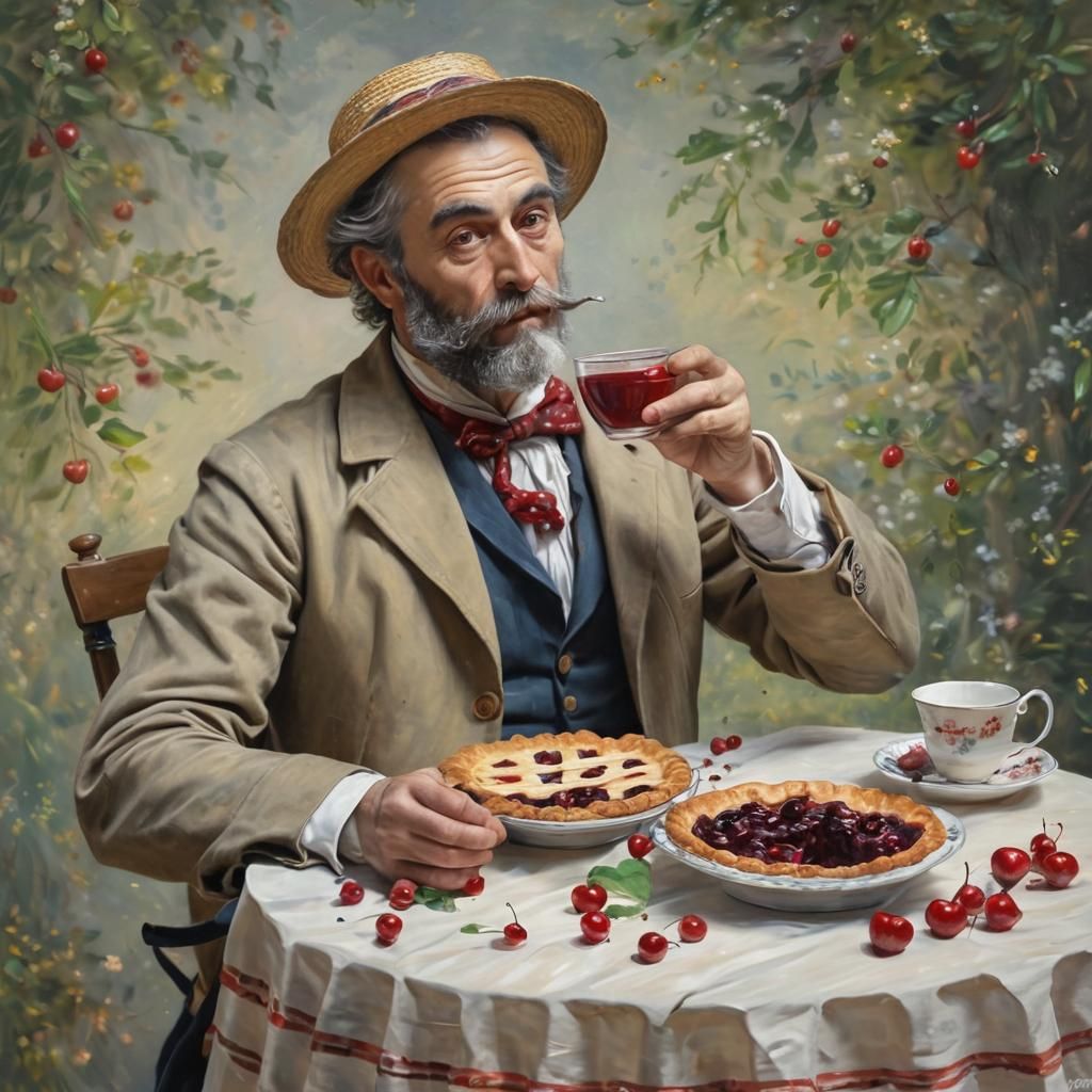 A French man is drinking tea with a  Cherries pie