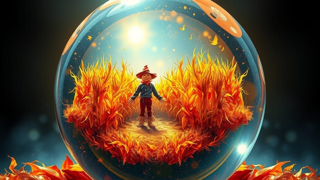 Crystal Ball Autumn Field With Scarecrow Alcohol Ink Art
