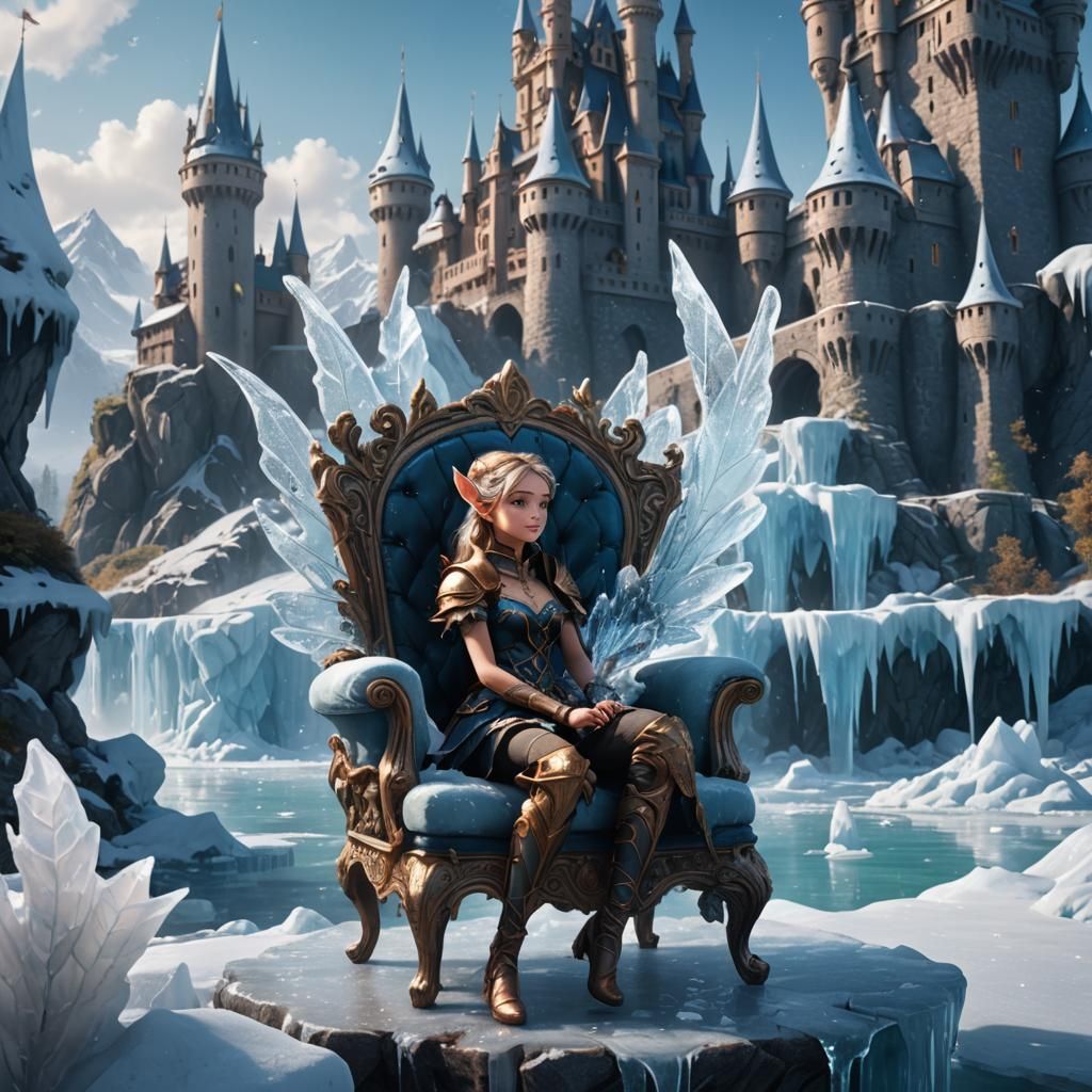 Ice Fairy on Throne with Castle: Fantasy Concept Art