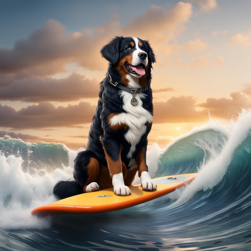 Bernese Mountain Dog Surfing a Wave: Digital Art