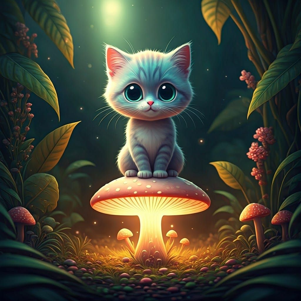 Chibi Cat on Mushroom in Fantasy Style