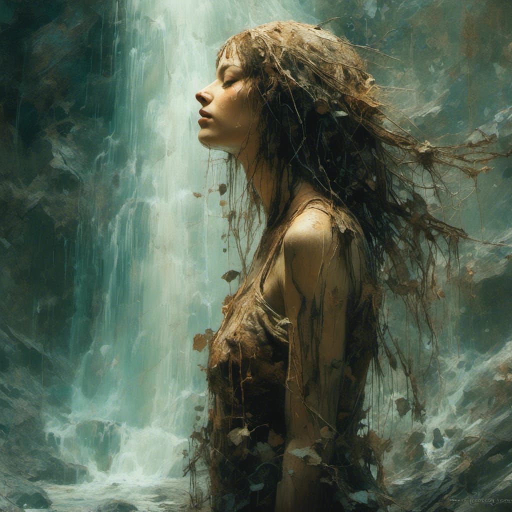 Woman Under Waterfall in Lush Rainforest Ecosystem