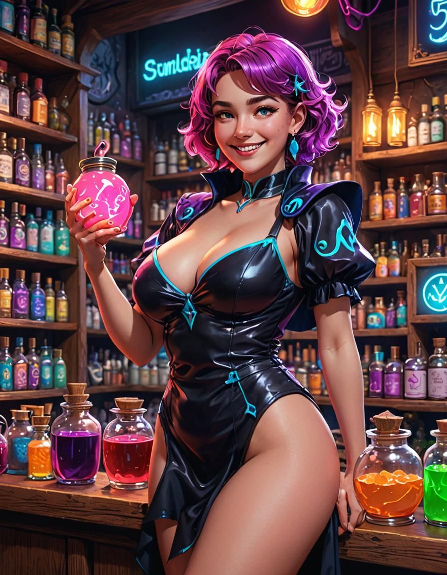 Neon Sorceress in Magic Shop: Synthwave Art