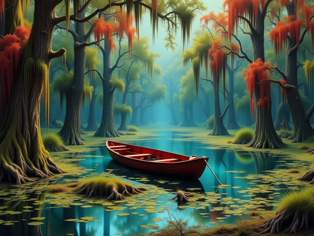 Red Boat in Mossy Swamp with Autumn Colors