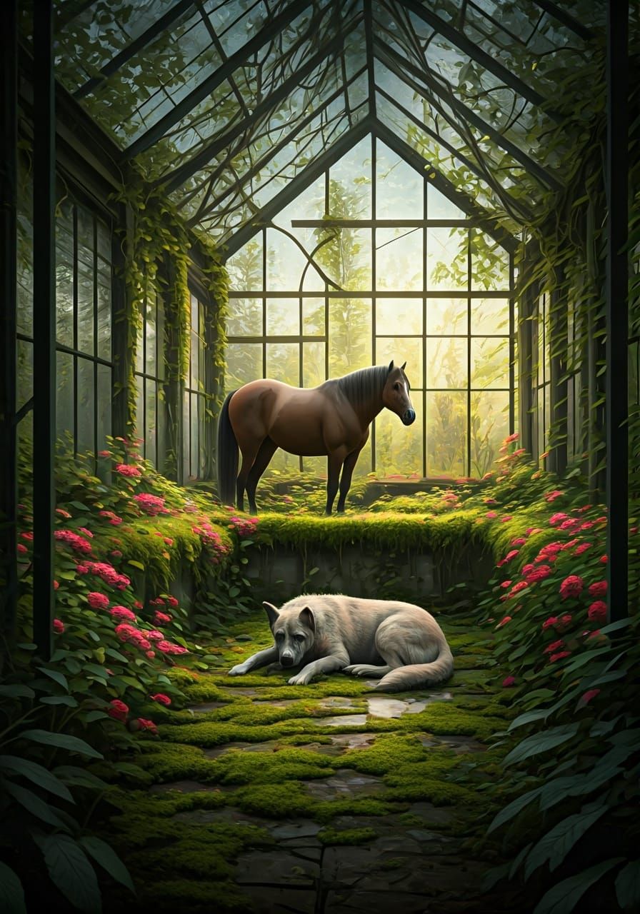 Dog in Overgrown Greenhouse with Painterly Realism