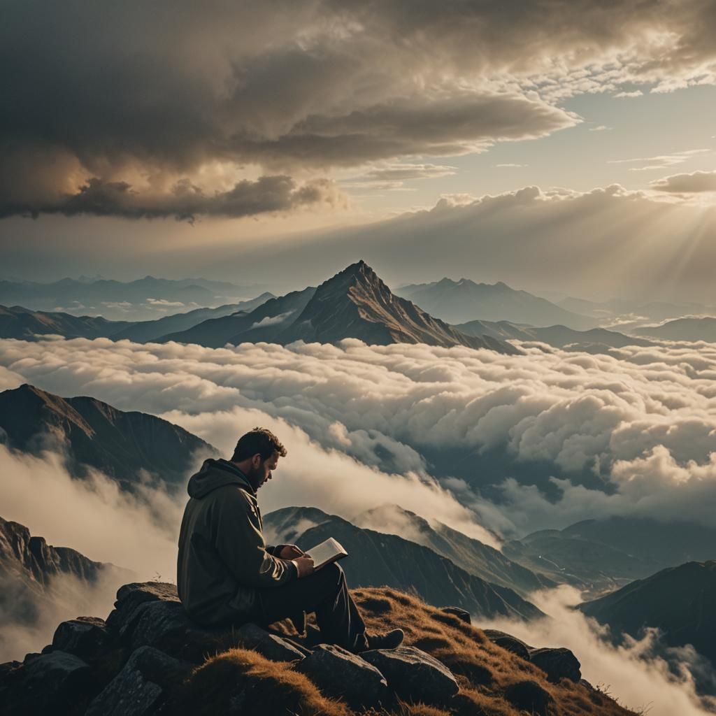 Man Reading Bible on Mountain in Cinematic Style