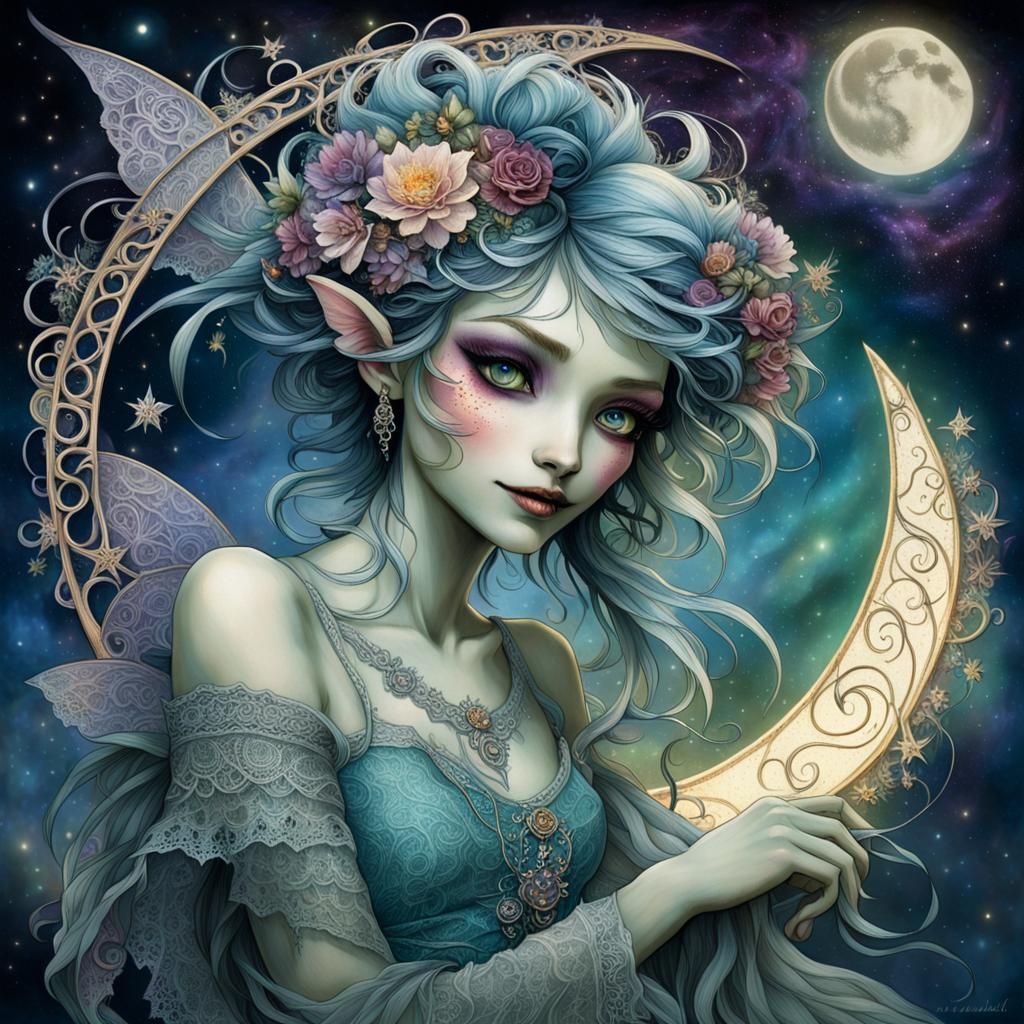 Whimsical Punky Pixie in Dreamy Celestial Scene
