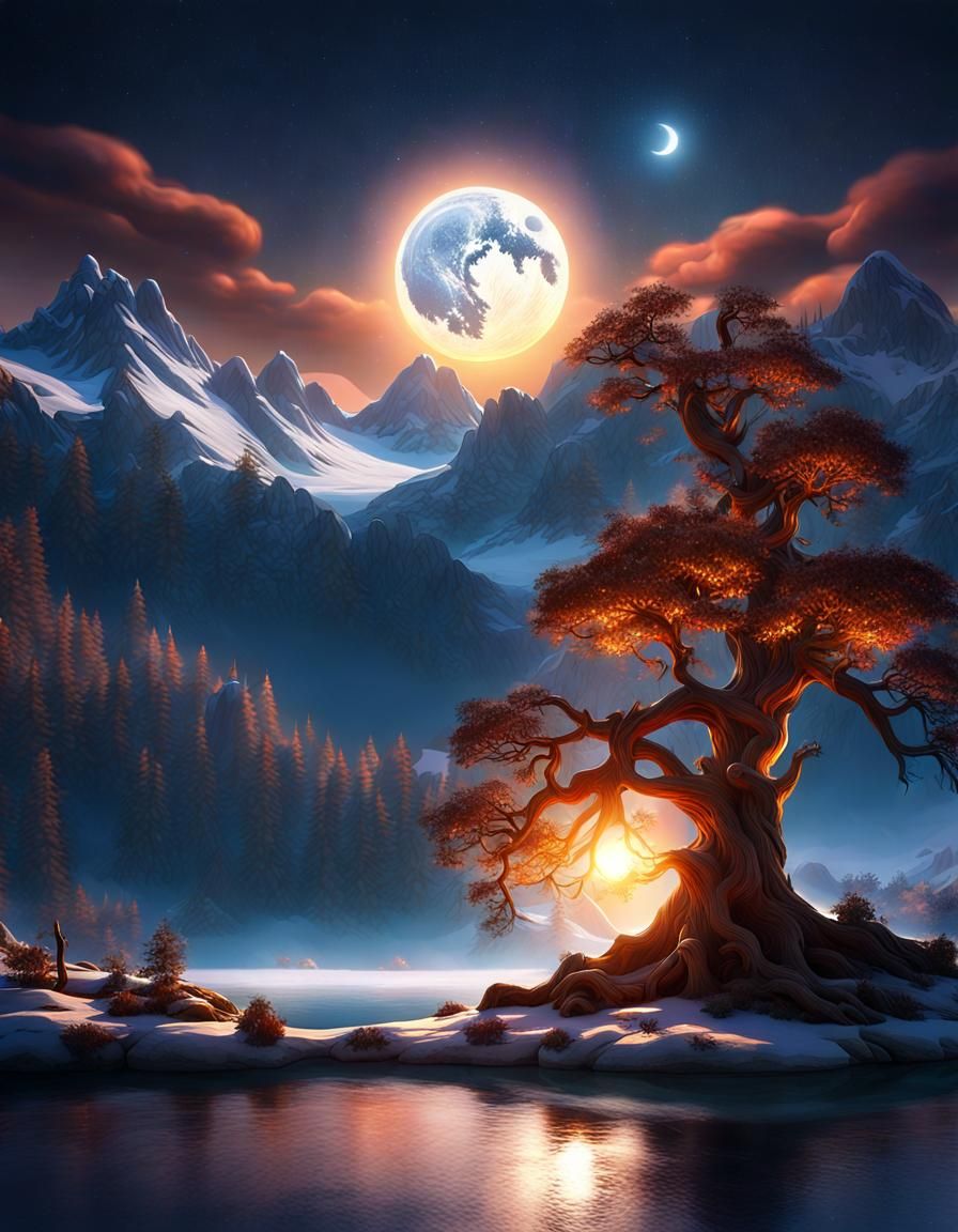 Mystical Moonlit Landscape with Twisted Tree