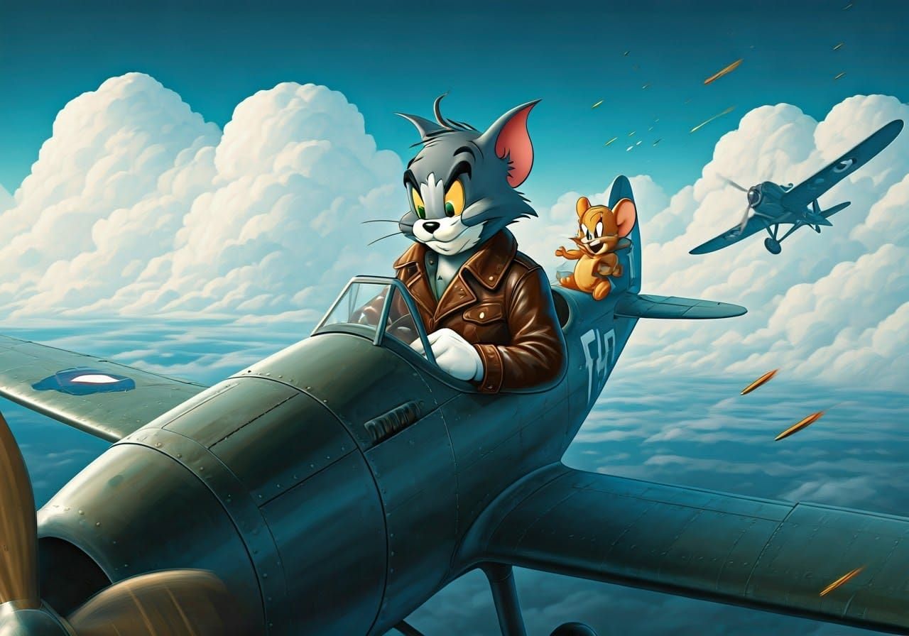 Tom and Jerry in WWII Biplane, Comic Book Style