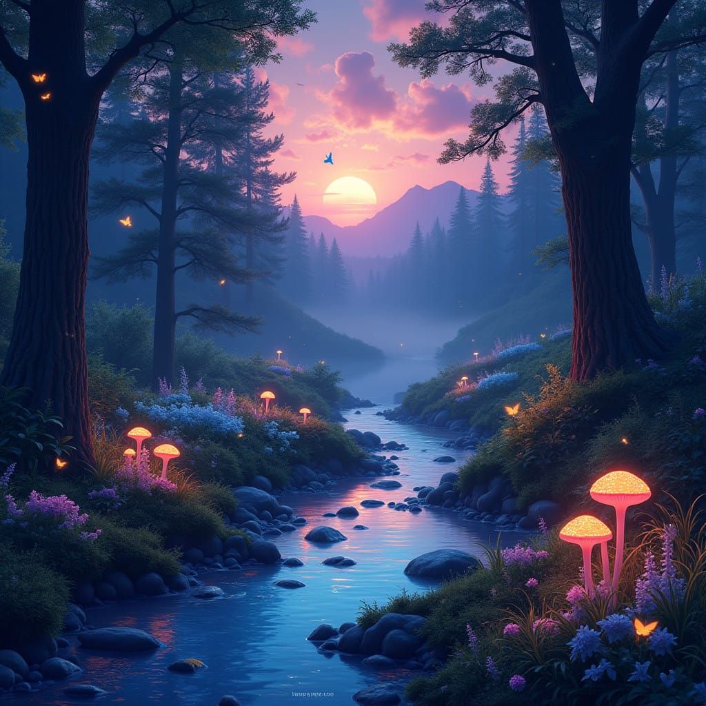 Dreamlike Twilight Forest in Whimsical Watercolor Style