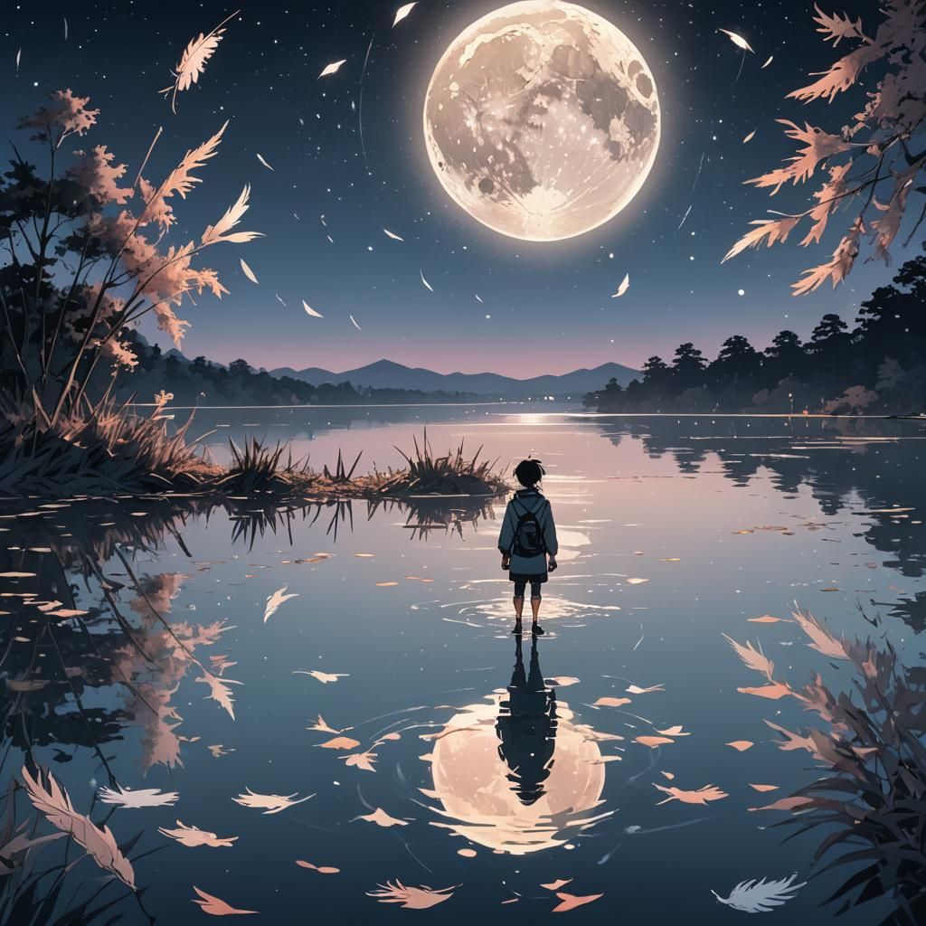 Anime Scene: Person by Lake with Floating Feathers