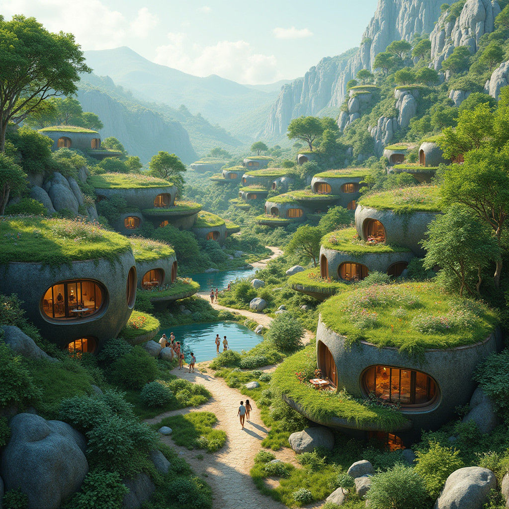 Futuristic Eco-Village in Verdant Valley, Organic Architectu...