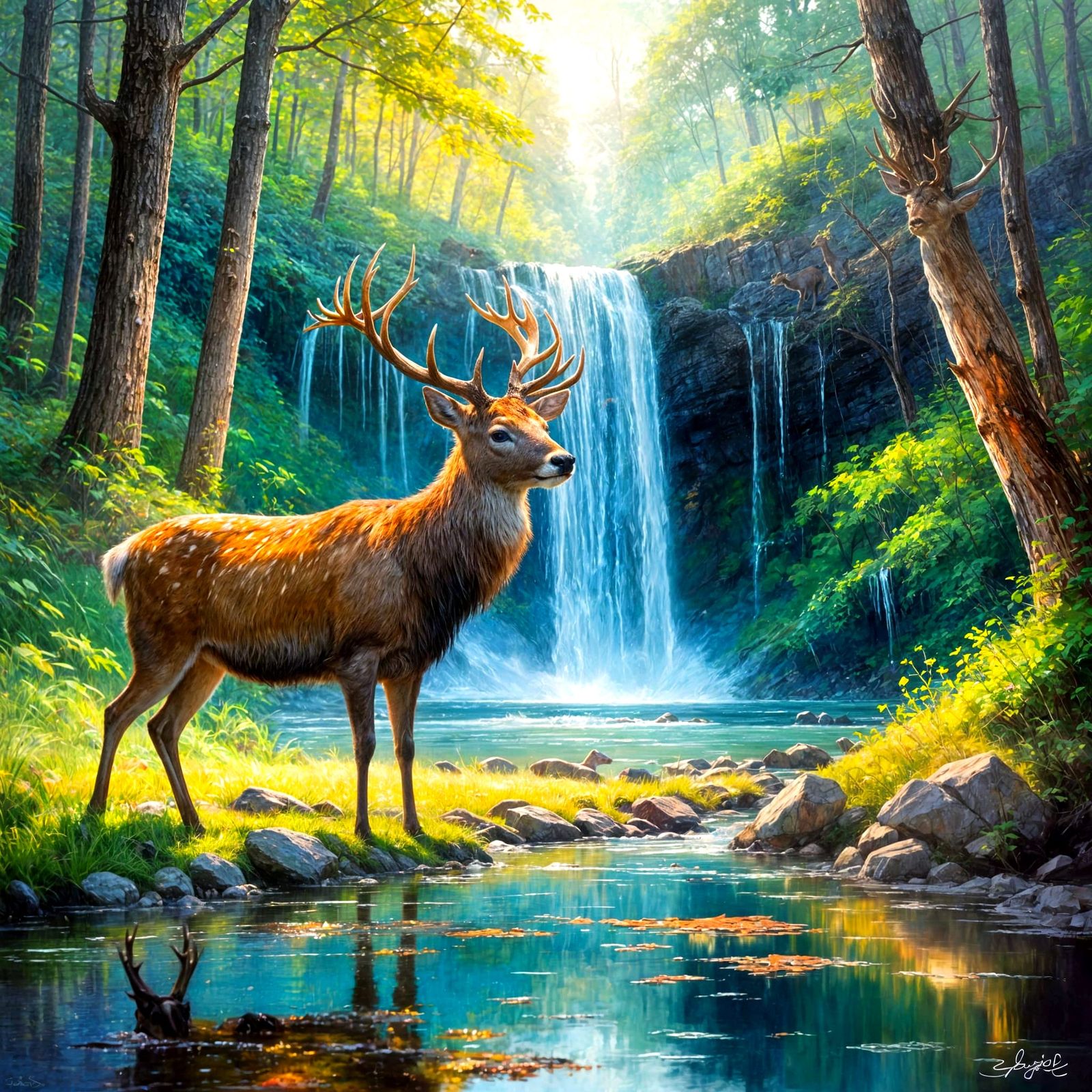 Whimsical Forest Waterfall Scene in Vibrant Colors