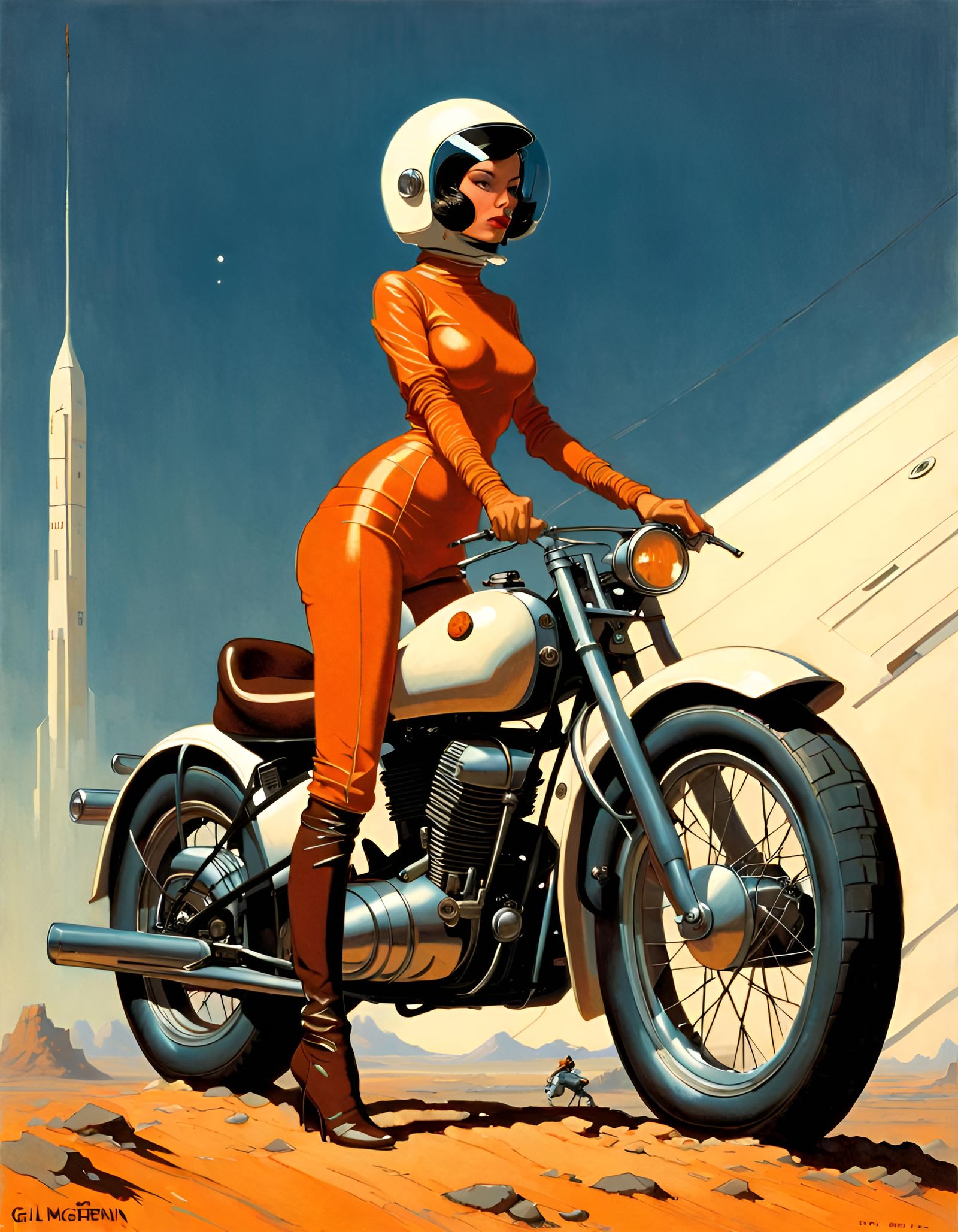 Confident Girl on Motorcycle in Retro-Futuristic Art