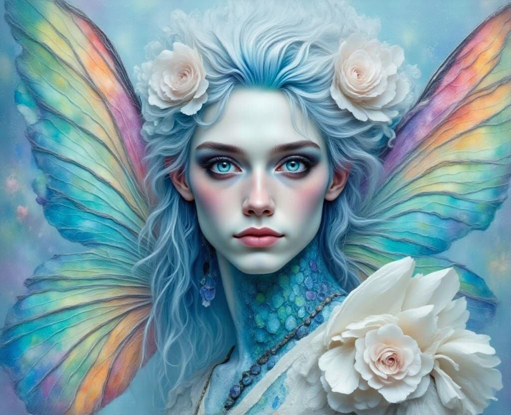 Watercolor Fairy Man with Alien Scaly Face