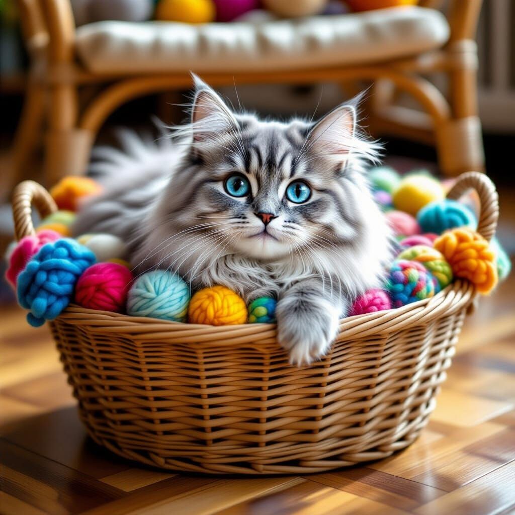 Adorable Fluffy Grey Cat in Woven Basket with Wool