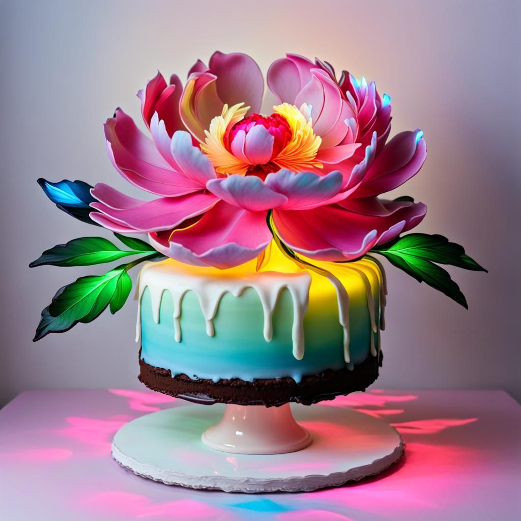 Cake Peony with Neon Leaves and Rainbow Flower