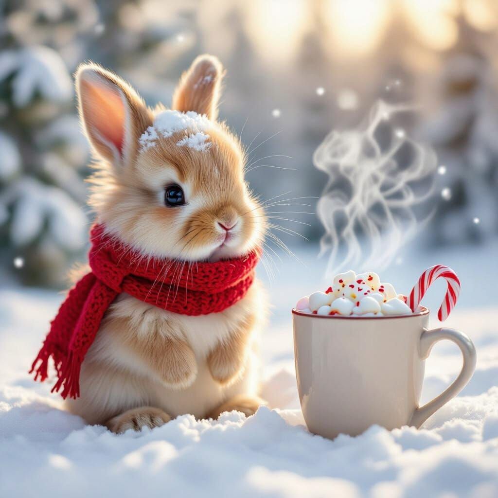 Adorable Baby Bunny in Snowy Forest with Hot Chocolate