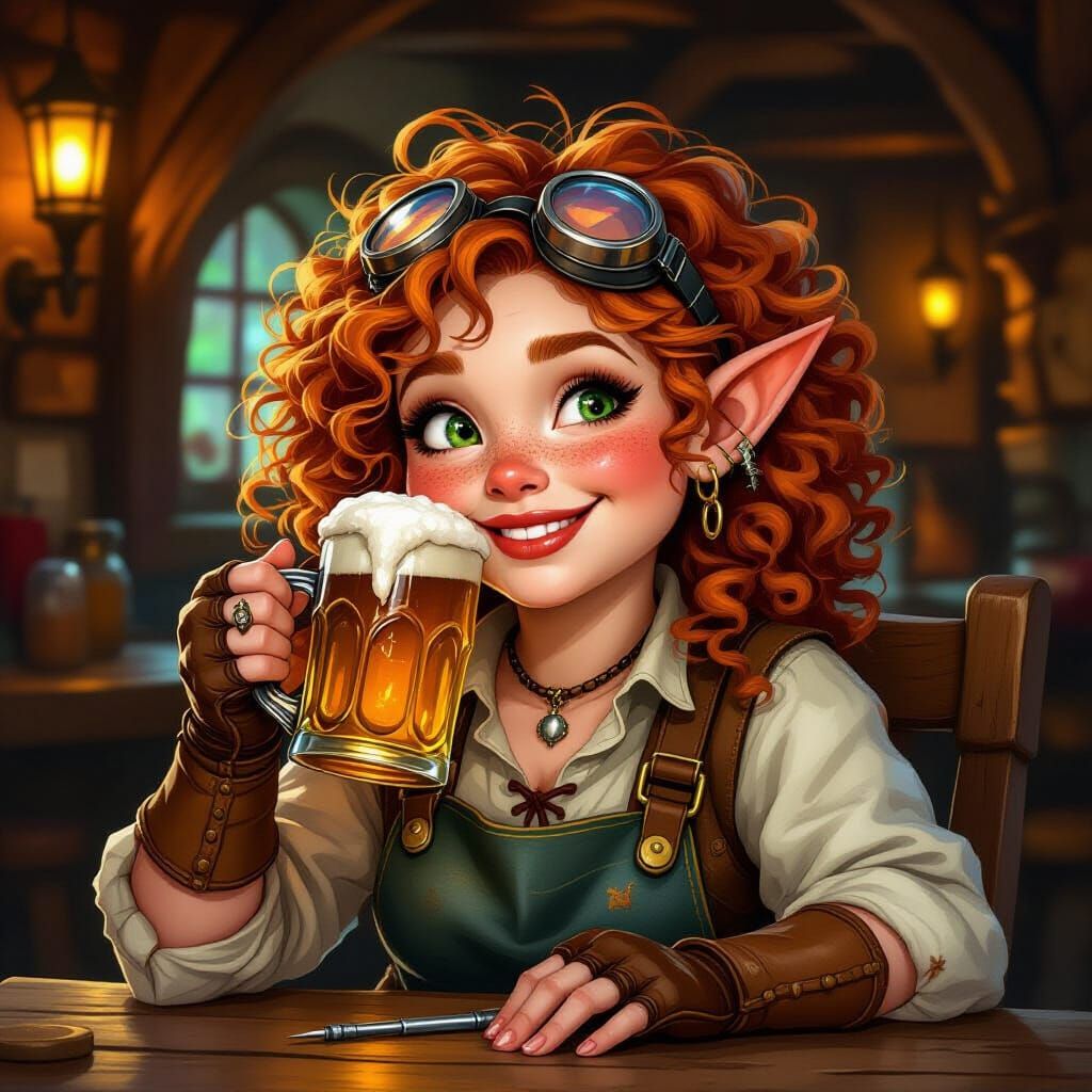 Halfling Tinkerer Enjoying Ale, Illustration Art