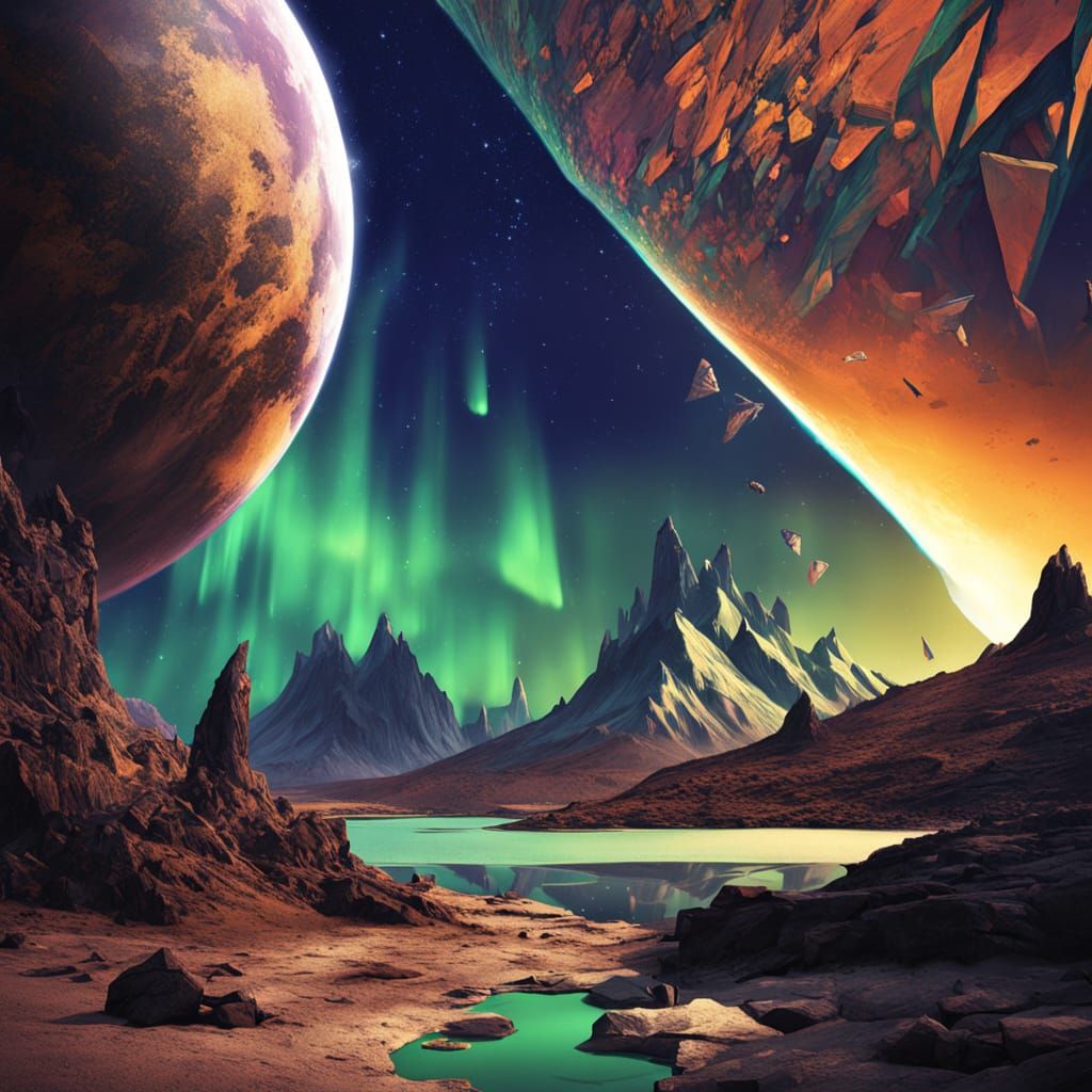 Aurora Borealis Reflections on Alien Planet in Expressionist...