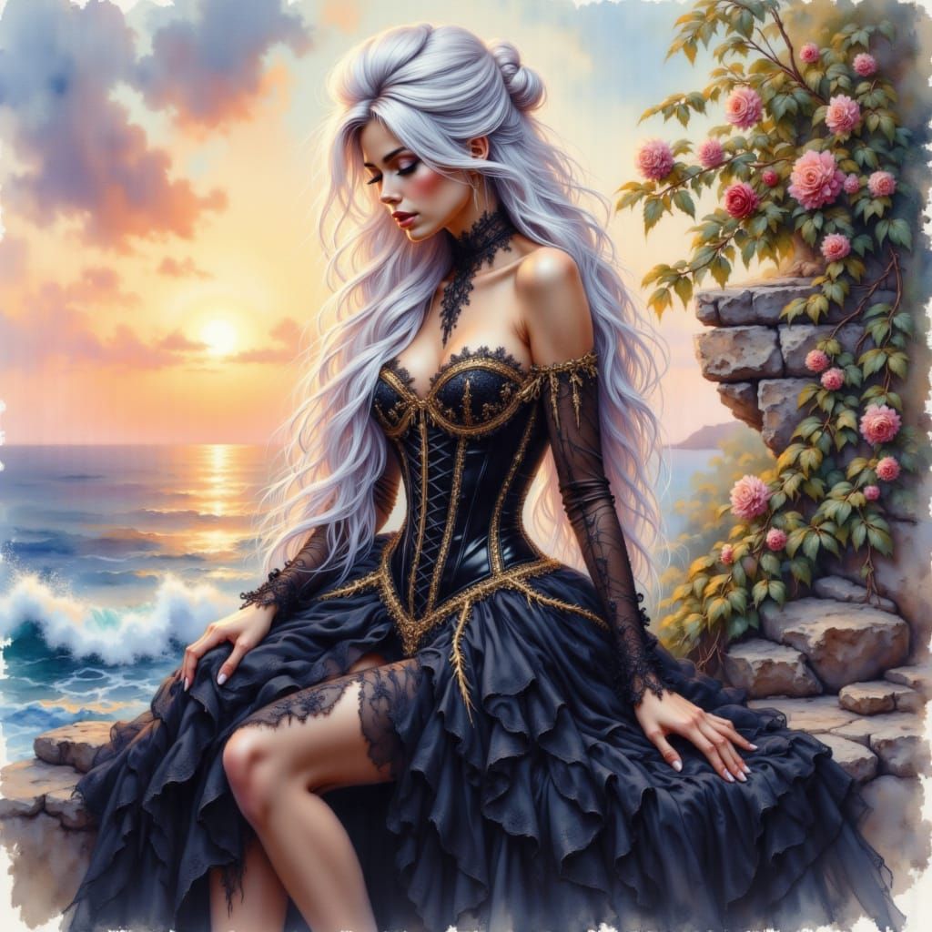 Woman in Corset on Cliff at Sunset in Watercolor Style