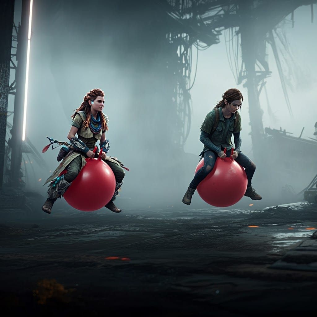 Aloy and Ellie Bouncing on Hippity Hops, Hyperrealistic