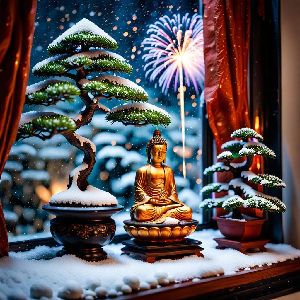 Elegant Buddha Statue with Fireworks, Hyperrealistic HDR