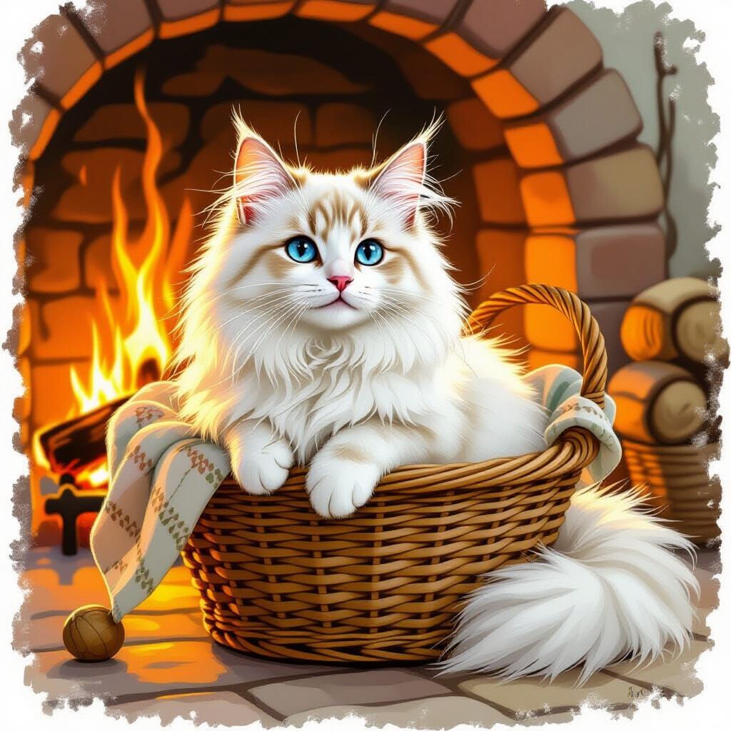 Fluffy Angora Cat Cozy by Firelight in Storybook Style