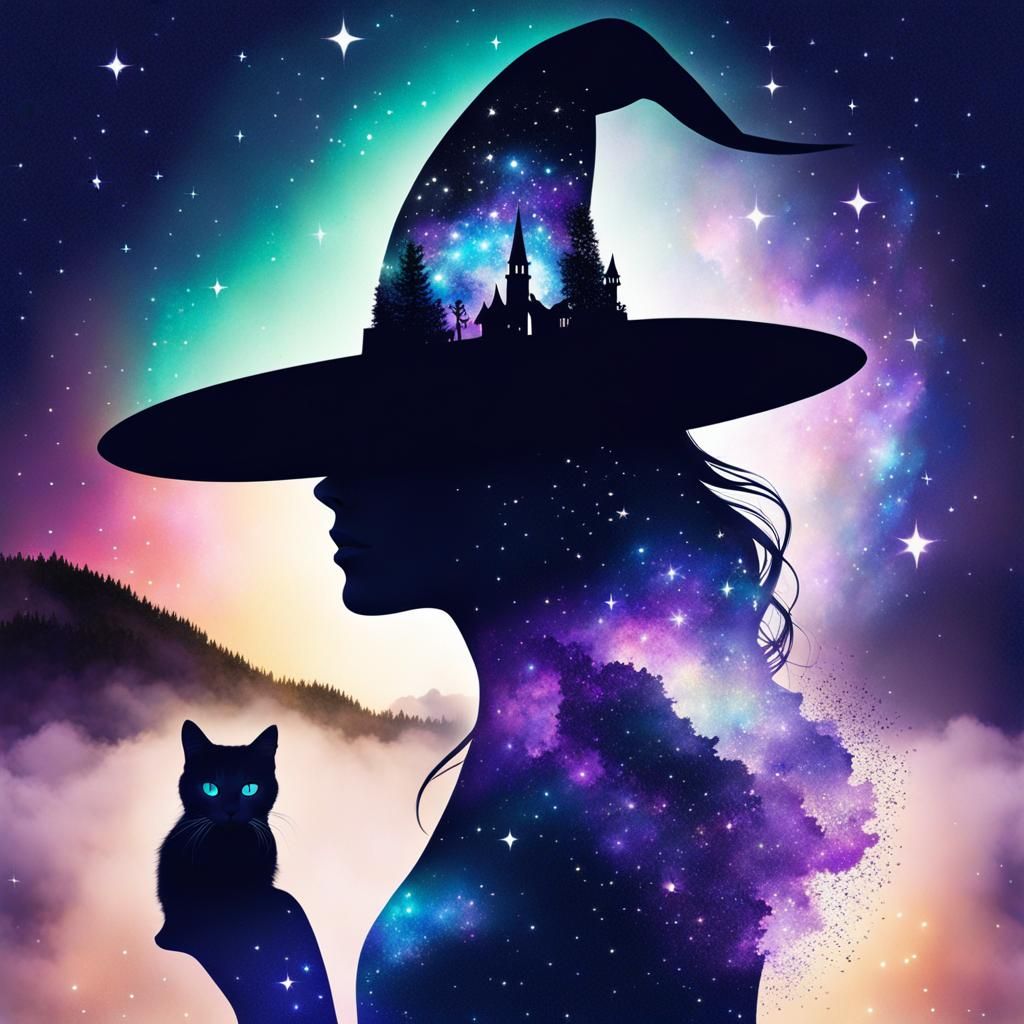 Double Exposure Witch with Cat and Galaxy