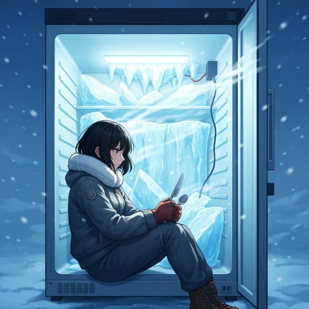 Anime Woman Battles Ice in Fantasy Refrigerator World