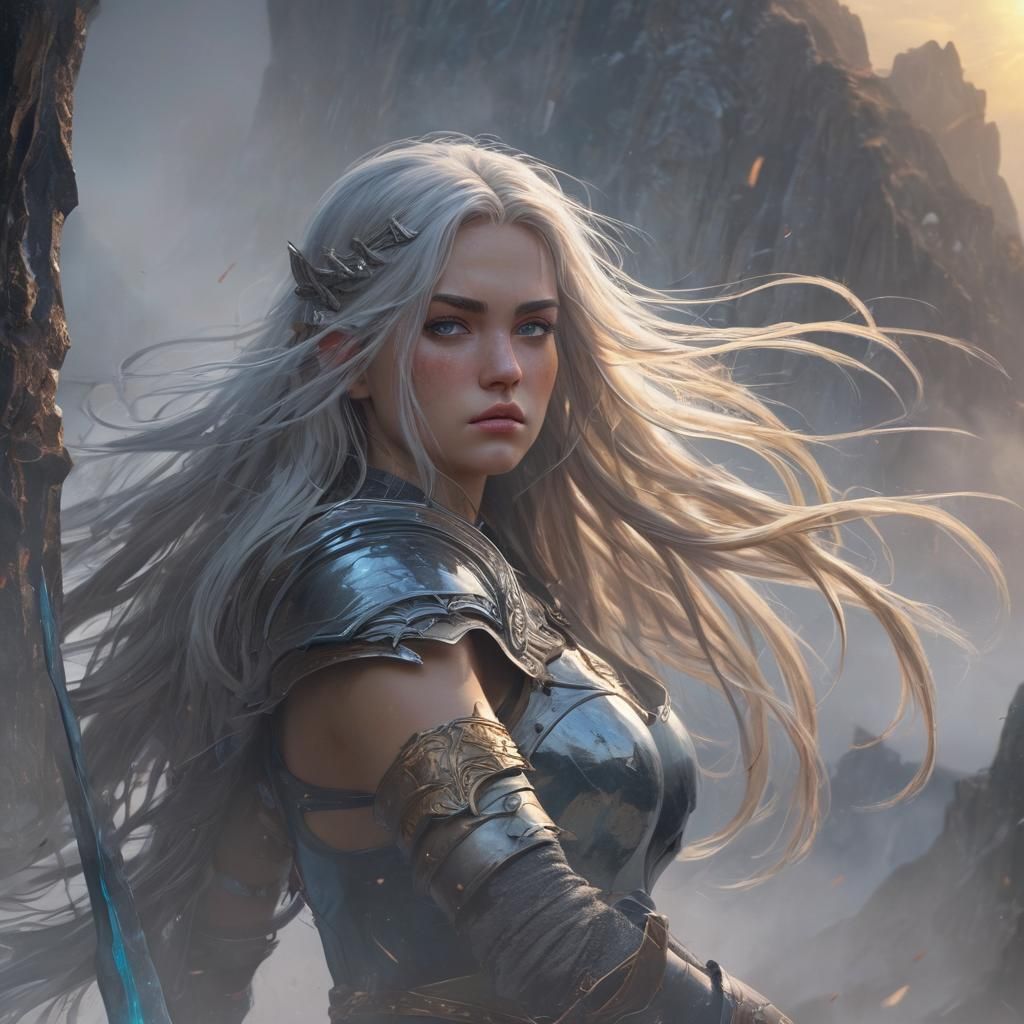 Anime Warrior Woman in Misty Mountains