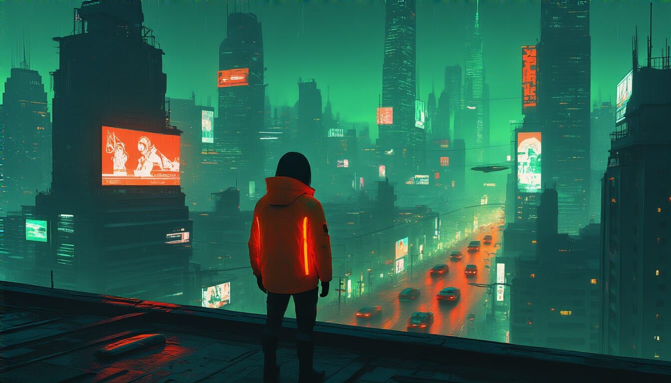 Cyberpunk Cityscape with Neon Lights and Futuristic Vehicles