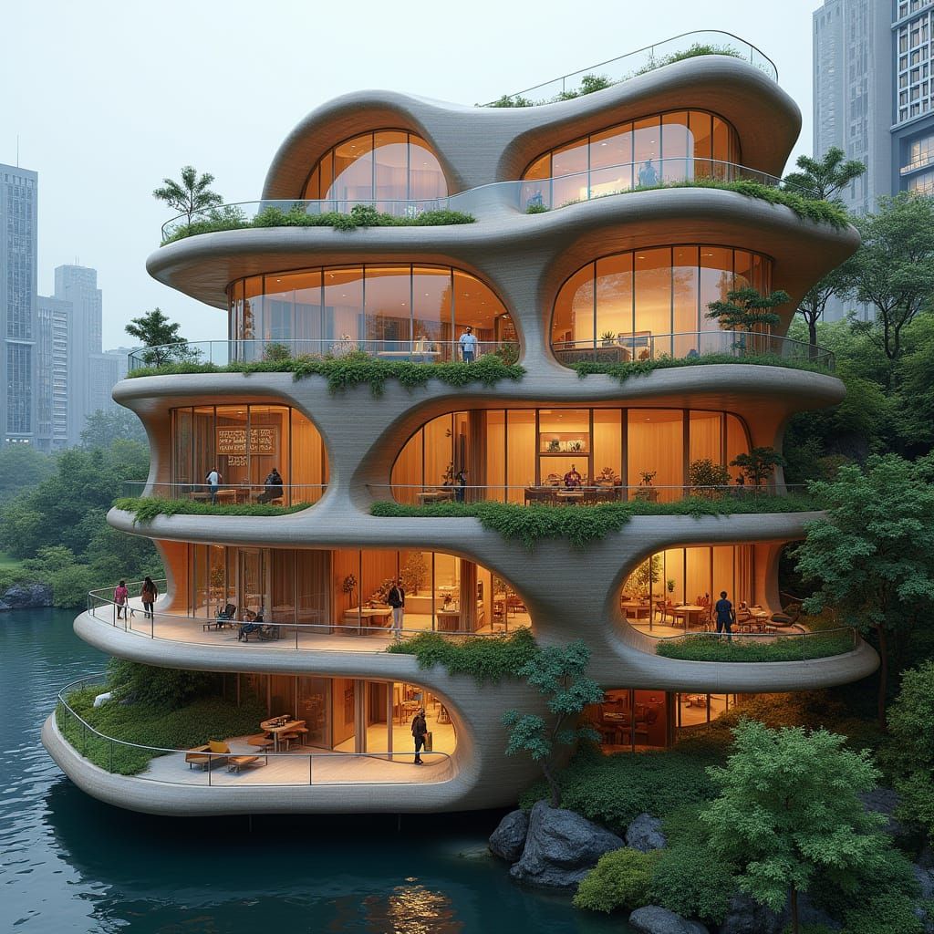 Futuristic Wave Building with Timber and Glass Design