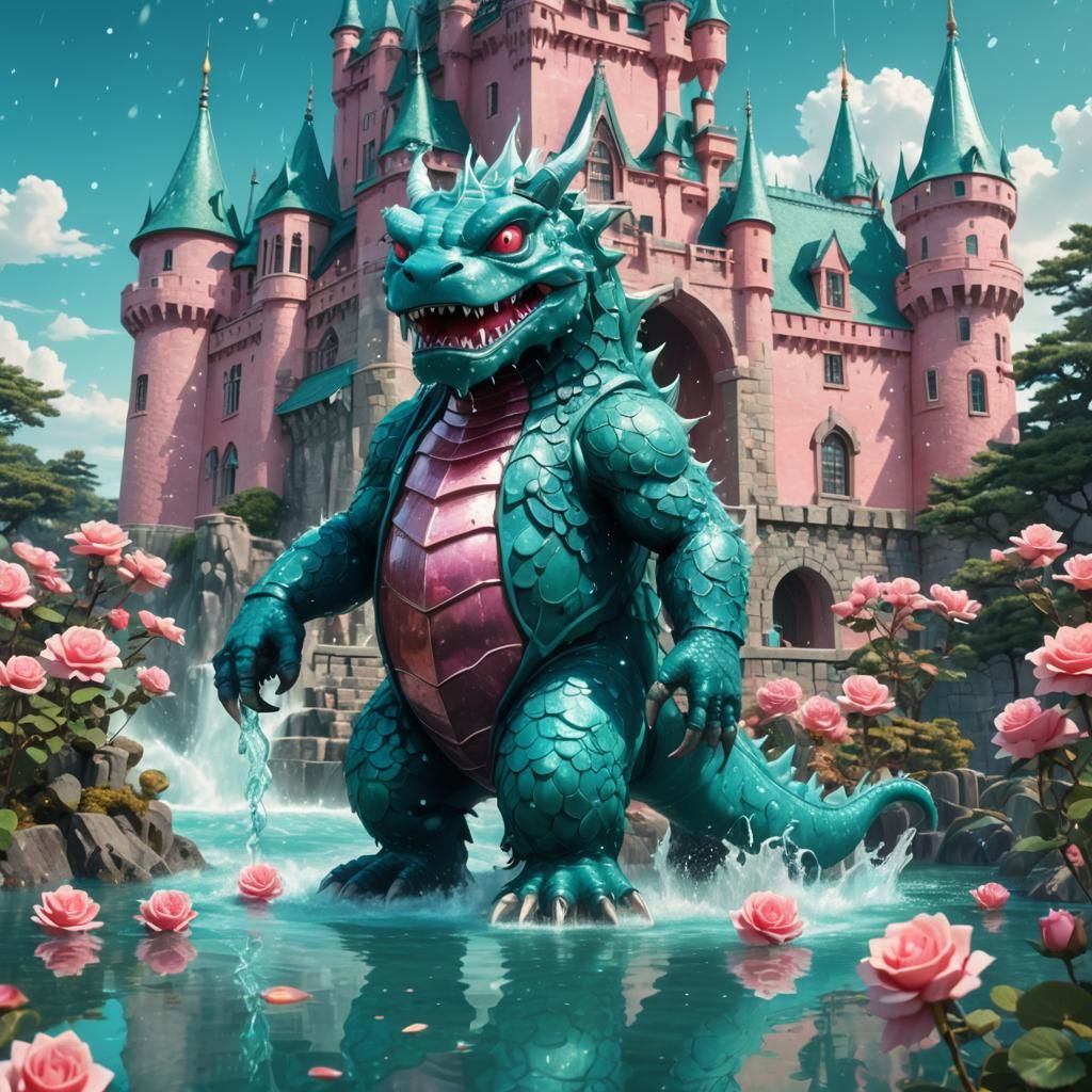 Teal Monster Guards Rose Castle in Manga Style
