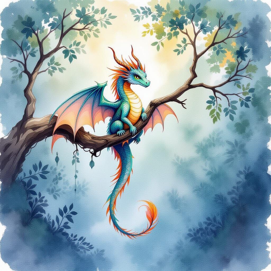 Feathered Dragon Hanging From Branch in Watercolor Style