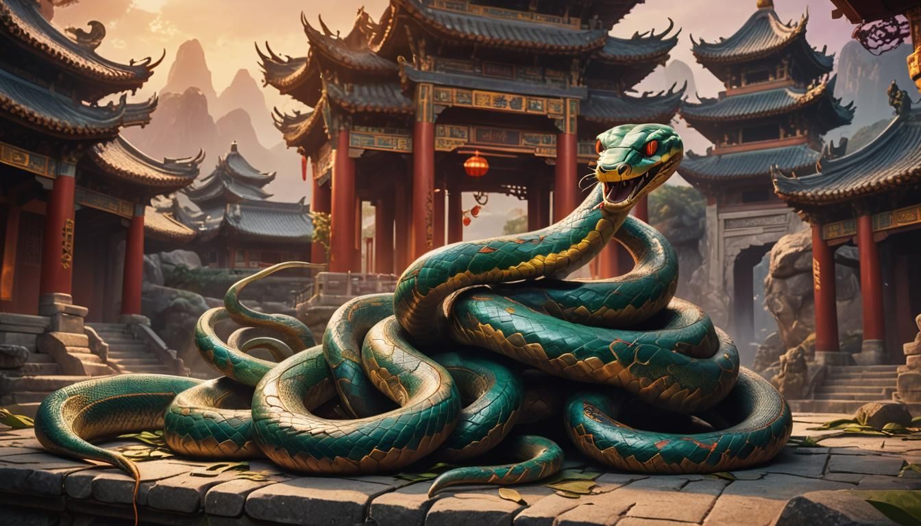 Snake in Ancient Chinese Temple: Fantasy Art