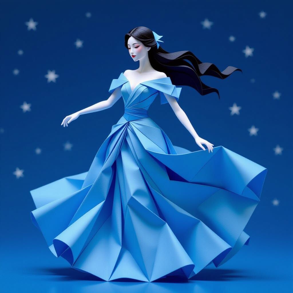 Origami Night Goddess in Flowing Blue Dress